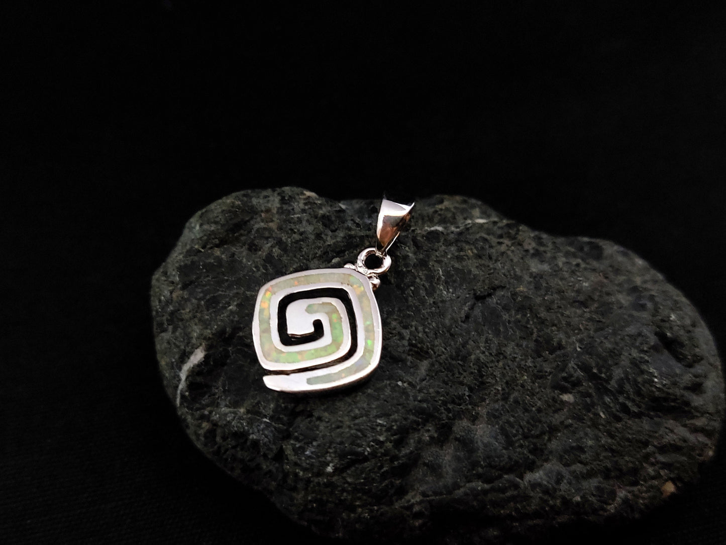 Sterling Silver 925 Fire Rainbow White Opal Greek Meander Spiral Shape Pendant 15x15mm, Ancient Greek Infinity Opal Pendant, Opal Stones