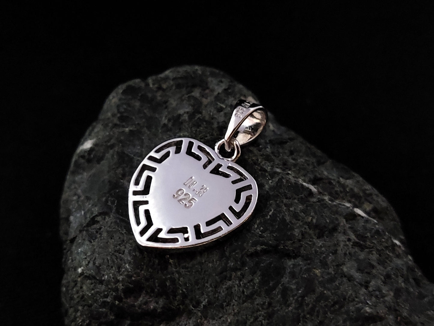 Sterling Silver 925 Heart Fire Rainbow Blue Opal 14x15mm, Greek Key Meander Pendant, Griechisches Silber Herz Anhanger Seestern Schmuck