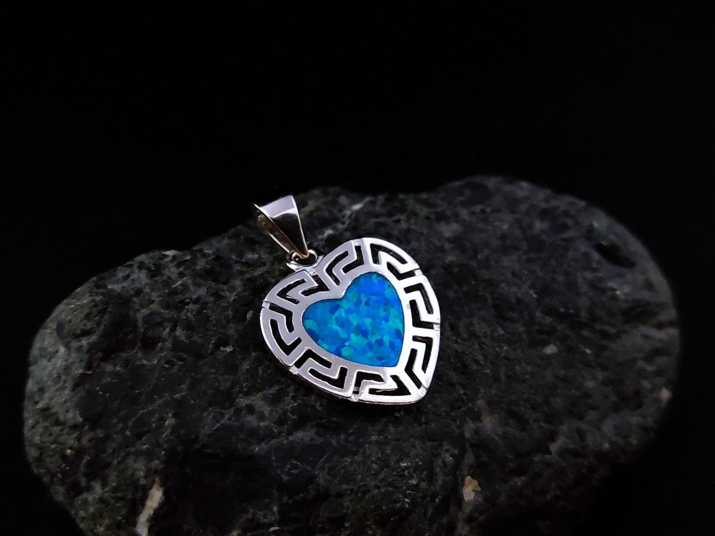 Sterling Silver 925 Heart Fire Rainbow Blue Opal 14x15mm, Greek Key Meander Pendant, Griechisches Silber Herz Anhanger Seestern Schmuck