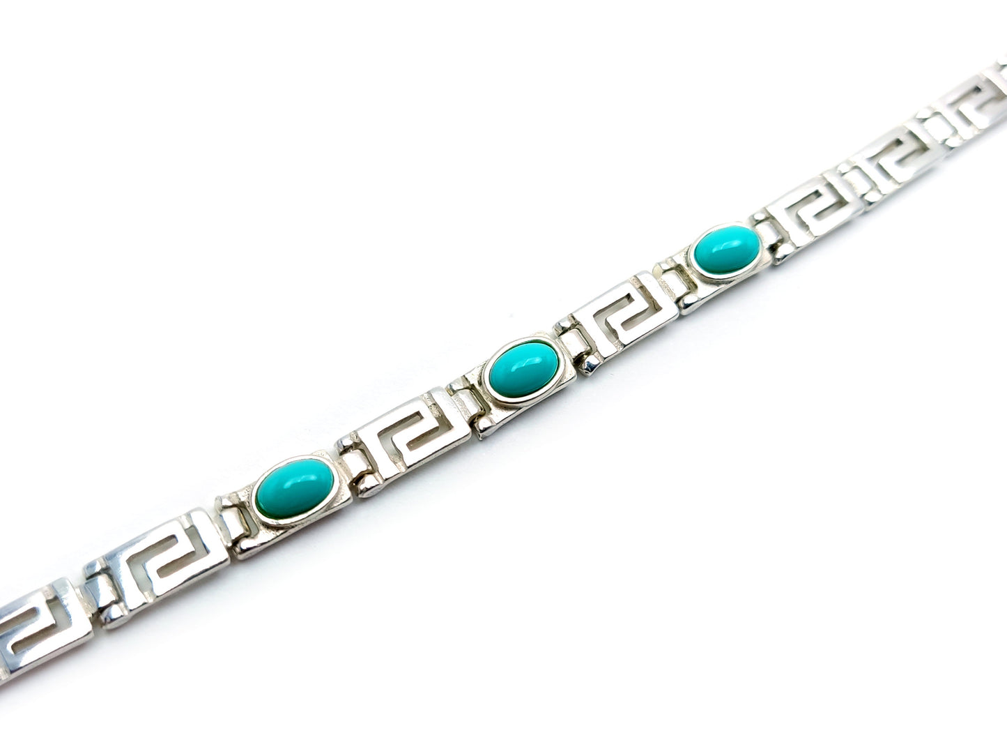 Greek Key Silver Bracelet, Turquoise Blue Stones Jewelry, Griechischer Silber Schmuck Armband, Bijoux De Grece, Meander Bracelets Greece