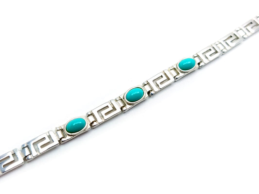 Greek Key Silver Bracelet, Turquoise Blue Stones Jewelry, Griechischer Silber Schmuck Armband, Bijoux De Grece, Meander Bracelets Greece