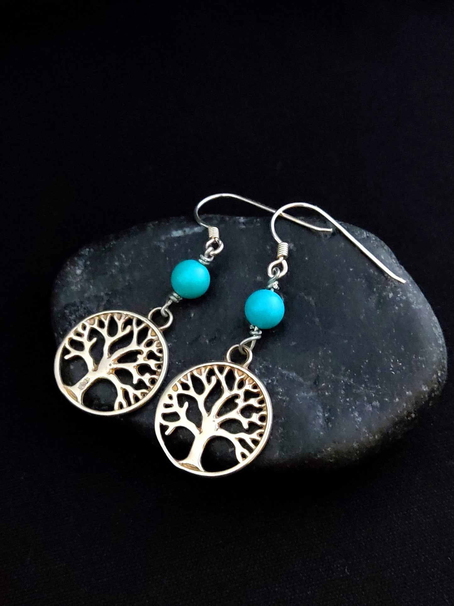 Tree Of Life & Turquoise Silver Earrings, Greek Handmade Jewelry, Lebens Baum Silber Ohrringe, Turquoise Dangle Long Earrings From Greece