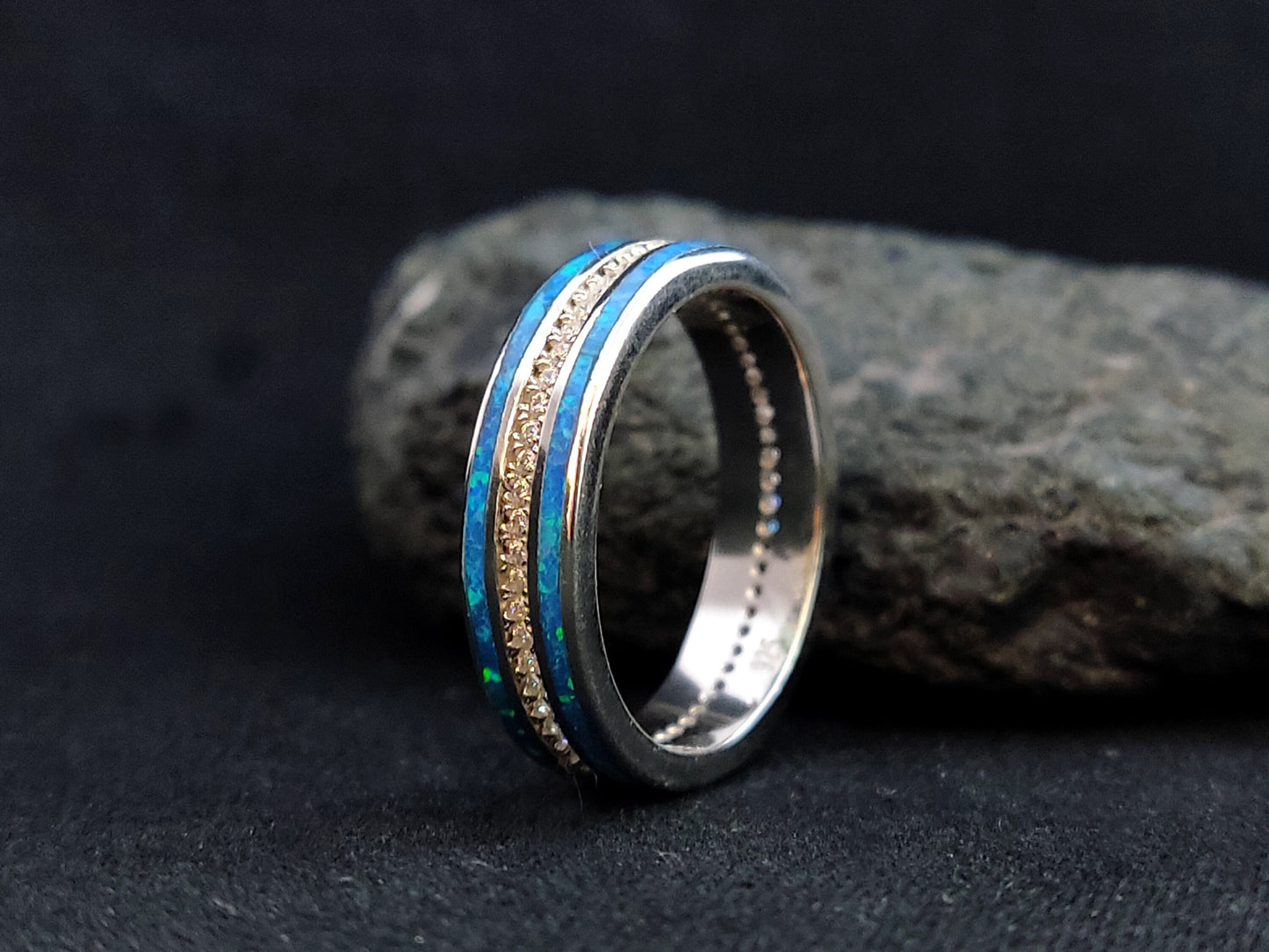 Sterling Silver 925 Ocean Blue Opal CZ Band Ring, Greek Silver Jewelry, Griechischer Silber Schmuck, Bijoux De Grece, Opal Rings, Opal Stone