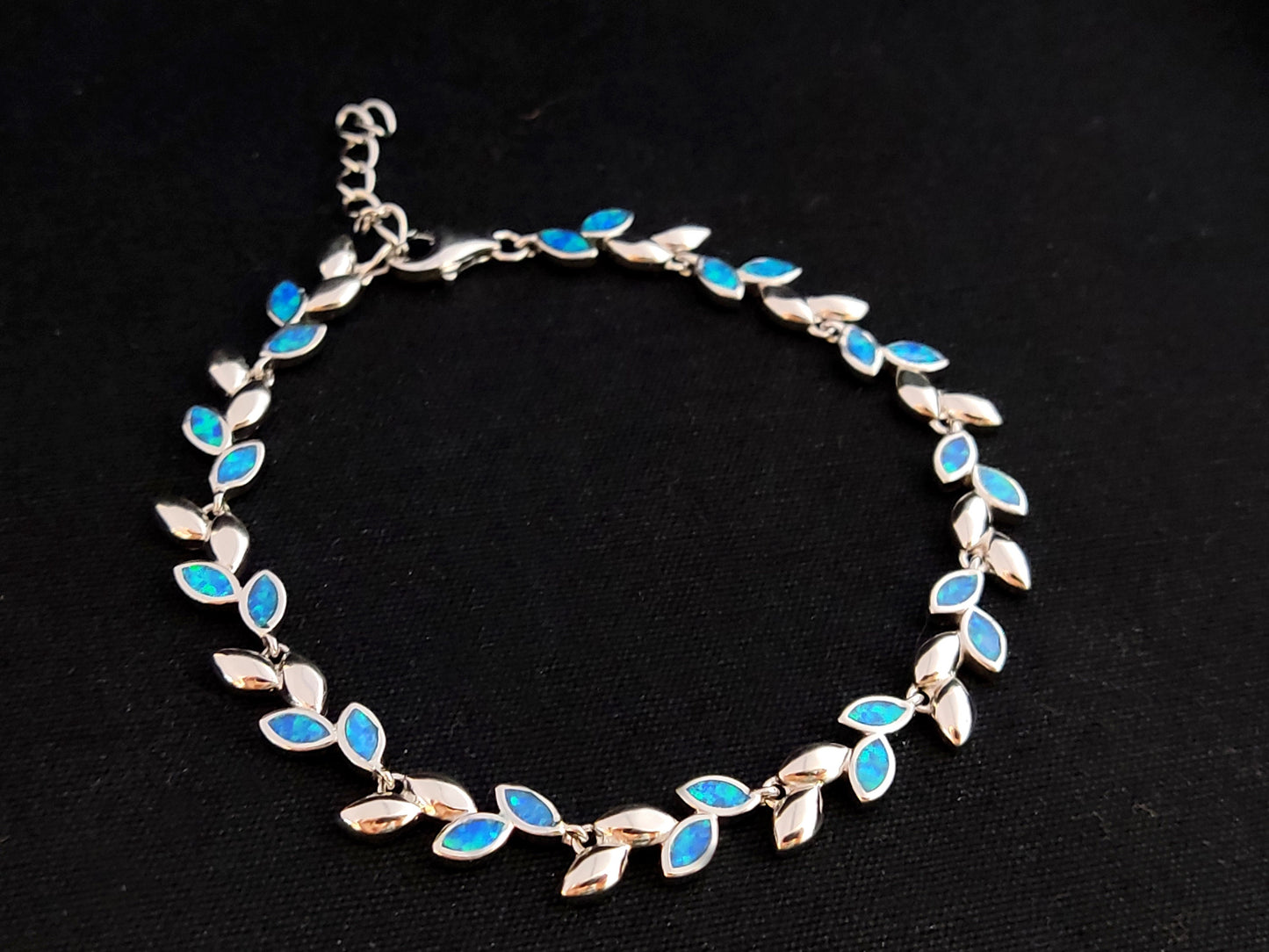 Sterling Silver 925 Fire Rainbow Blue Opal Greek Olive Leaf Leaves Bracelet, Griechischer Silber Blau Stein Armband, Bracelet Grecque Opal