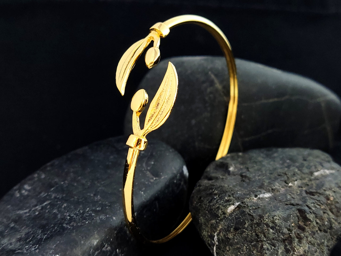 Silver 925 Greek Athena Olive Leaf Leaves Gold Plated 22K Bangle Cuff Bracelet, Silver Greek Gold Plated Jewelry Bracelet, Bijoux Grecque