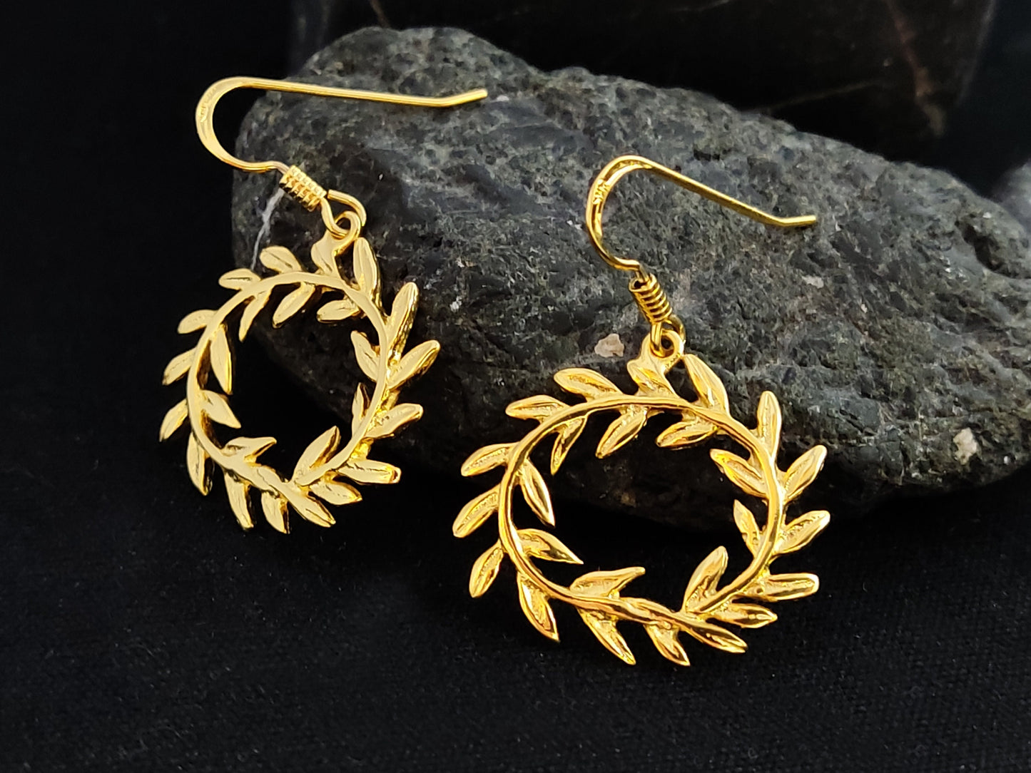 Sterling Silver 925 Greek Olive Leaf Leaves Oval Wreath Dangle Gold Plated Earrings, Greek Jewelry , Griechischer Silber Ohrringe Schmuck