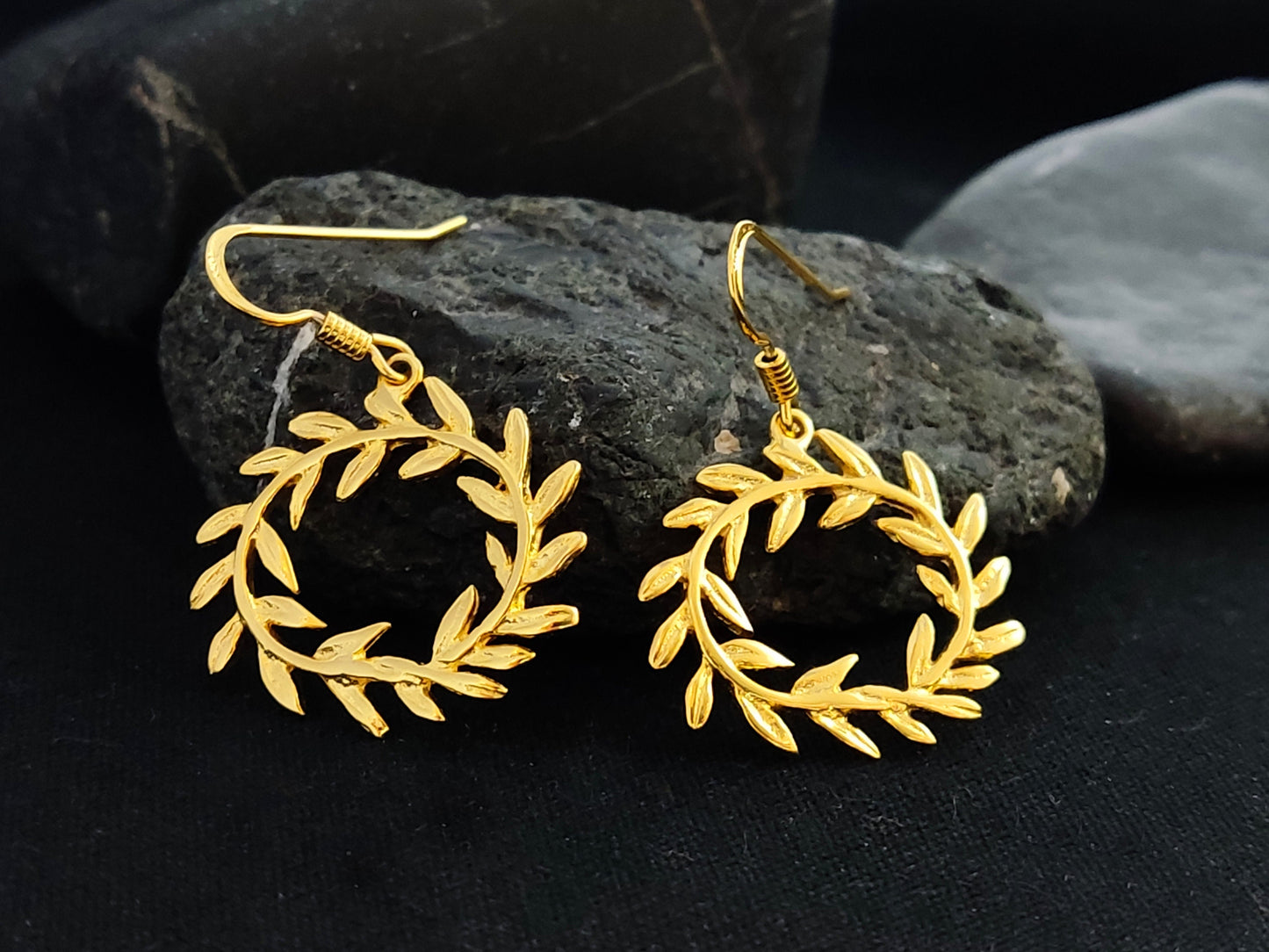 Sterling Silver 925 Greek Olive Leaf Leaves Oval Wreath Dangle Gold Plated Earrings, Greek Jewelry , Griechischer Silber Ohrringe Schmuck