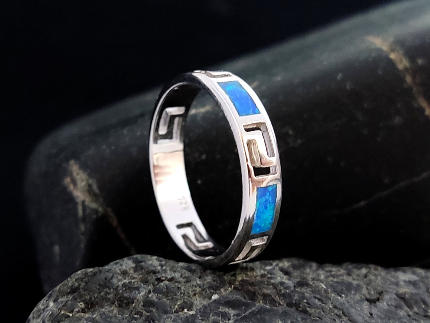 Sterling Silver 925 Meander Opal Ring, Greek Key Design Blue Opal Band Ring, Greek Opal Jewelry, Griechisches Opal Silber Ring,Bague Grecque