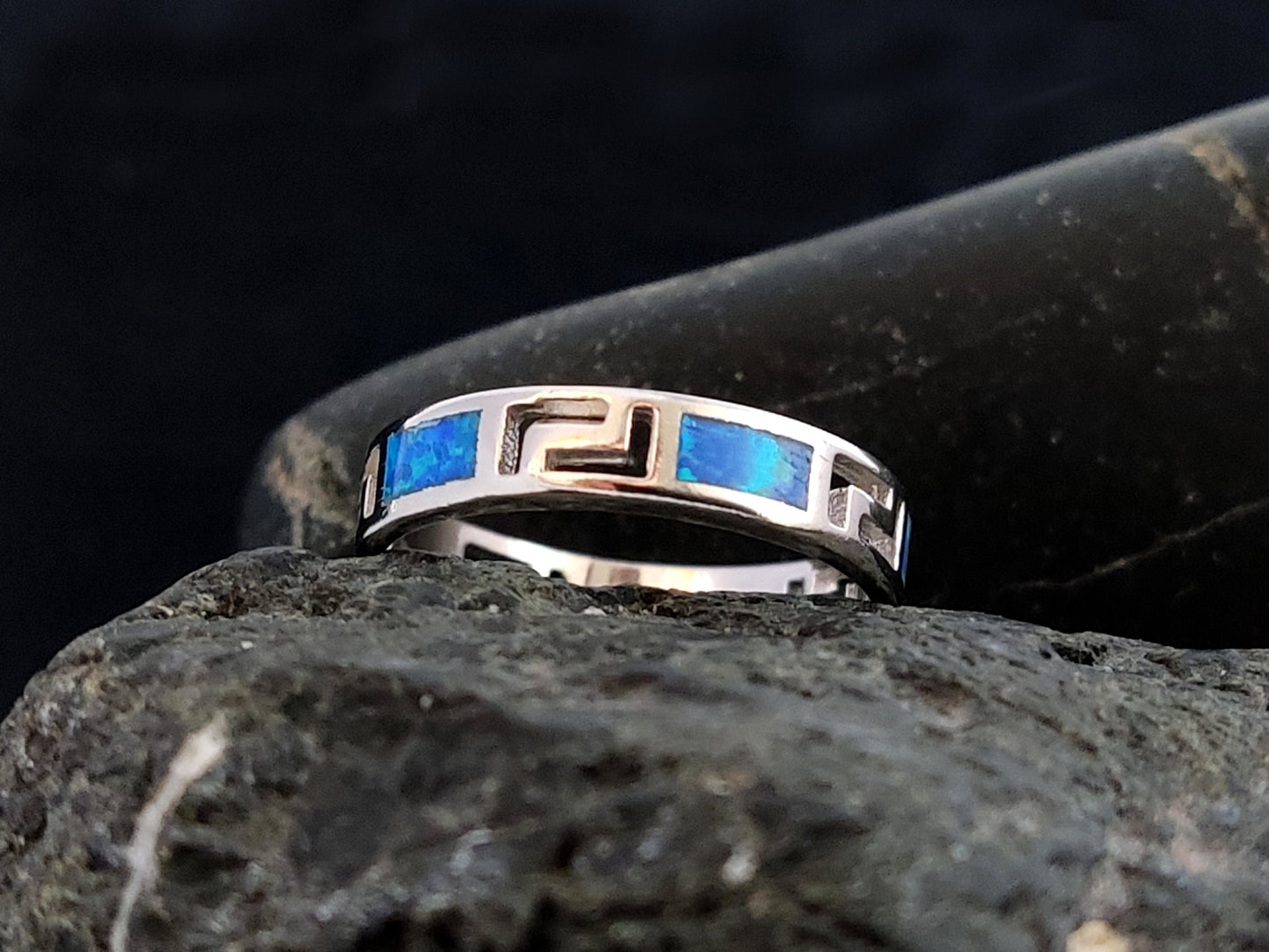 Sterling Silver 925 Meander Opal Ring, Greek Key Design Blue Opal Band Ring, Greek Opal Jewelry, Griechisches Opal Silber Ring,Bague Grecque