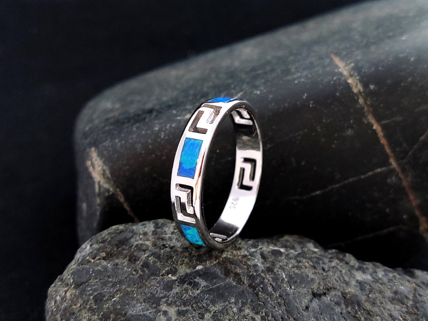 Sterling Silver 925 Meander Opal Ring, Greek Key Design Blue Opal Band Ring, Greek Opal Jewelry, Griechisches Opal Silber Ring,Bague Grecque
