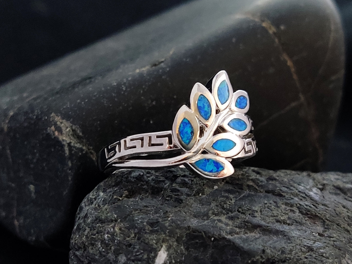 Silver 925 Greek Key Athena Olive Leaf Leaves Fire Ocean Blue Opal Ring US 7.25/FR 56, Silver Greek Opal Jewelry Ring, Bijoux Grecque Bague