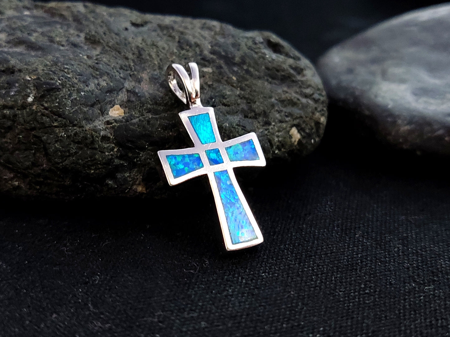 Sterling Silver 925 Greek Cross 25x14mm Opal Pendant, Cross Fire Opal Silver Pendant, Griechisches Blau Opal Kreuz ,Grece Grecque Croix