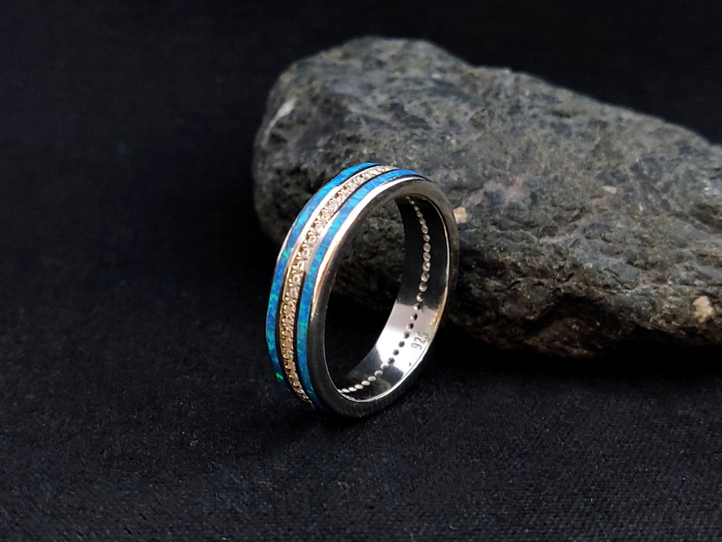 Sterling Silver 925 Ocean Blue Opal CZ Band Ring, Greek Silver Jewelry, Griechischer Silber Schmuck, Bijoux De Grece, Opal Rings, Opal Stone