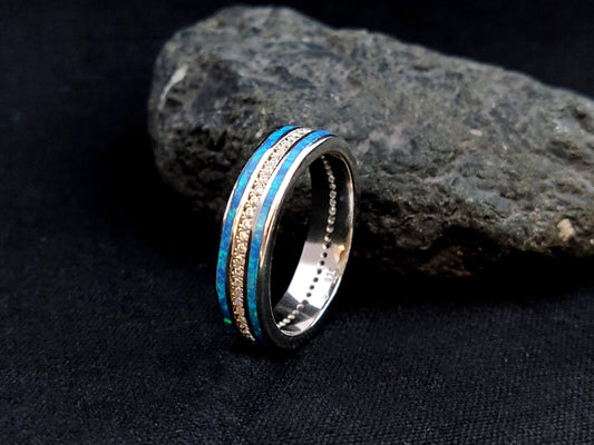 Sterling Silver 925 Ocean Blue Opal CZ Band Ring, Greek Silver Jewelry, Griechischer Silber Schmuck, Bijoux De Grece, Opal Rings, Opal Stone