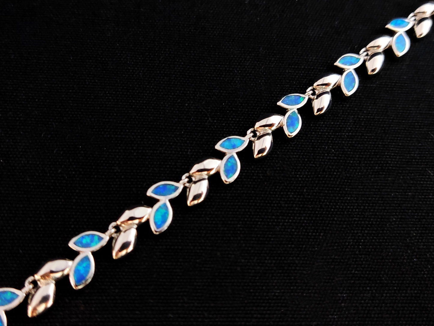 Sterling Silver 925 Fire Rainbow Blue Opal Greek Olive Leaf Leaves Bracelet, Griechischer Silber Blau Stein Armband, Bracelet Grecque Opal