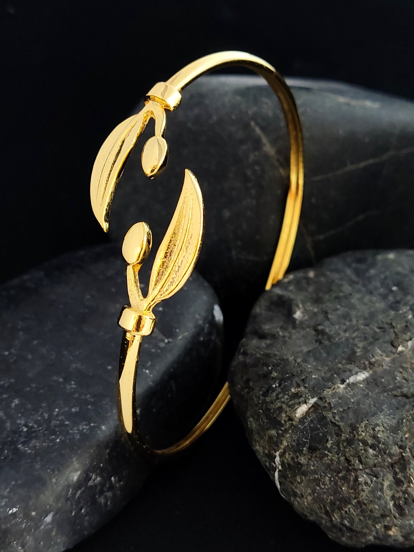 Silver 925 Greek Athena Olive Leaf Leaves Gold Plated 22K Bangle Cuff Bracelet, Silver Greek Gold Plated Jewelry Bracelet, Bijoux Grecque