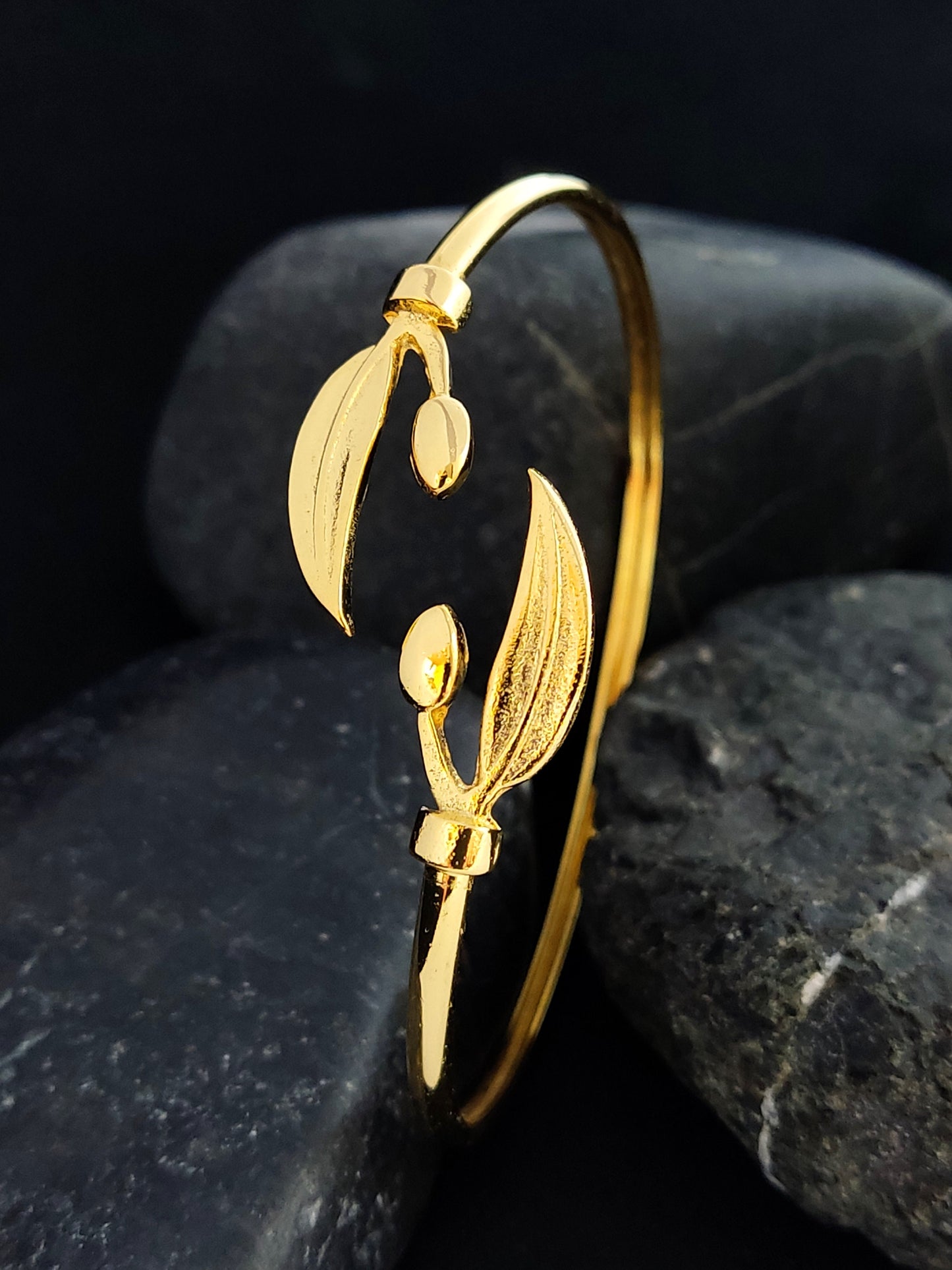 Silver 925 Greek Athena Olive Leaf Leaves Gold Plated 22K Bangle Cuff Bracelet, Silver Greek Gold Plated Jewelry Bracelet, Bijoux Grecque