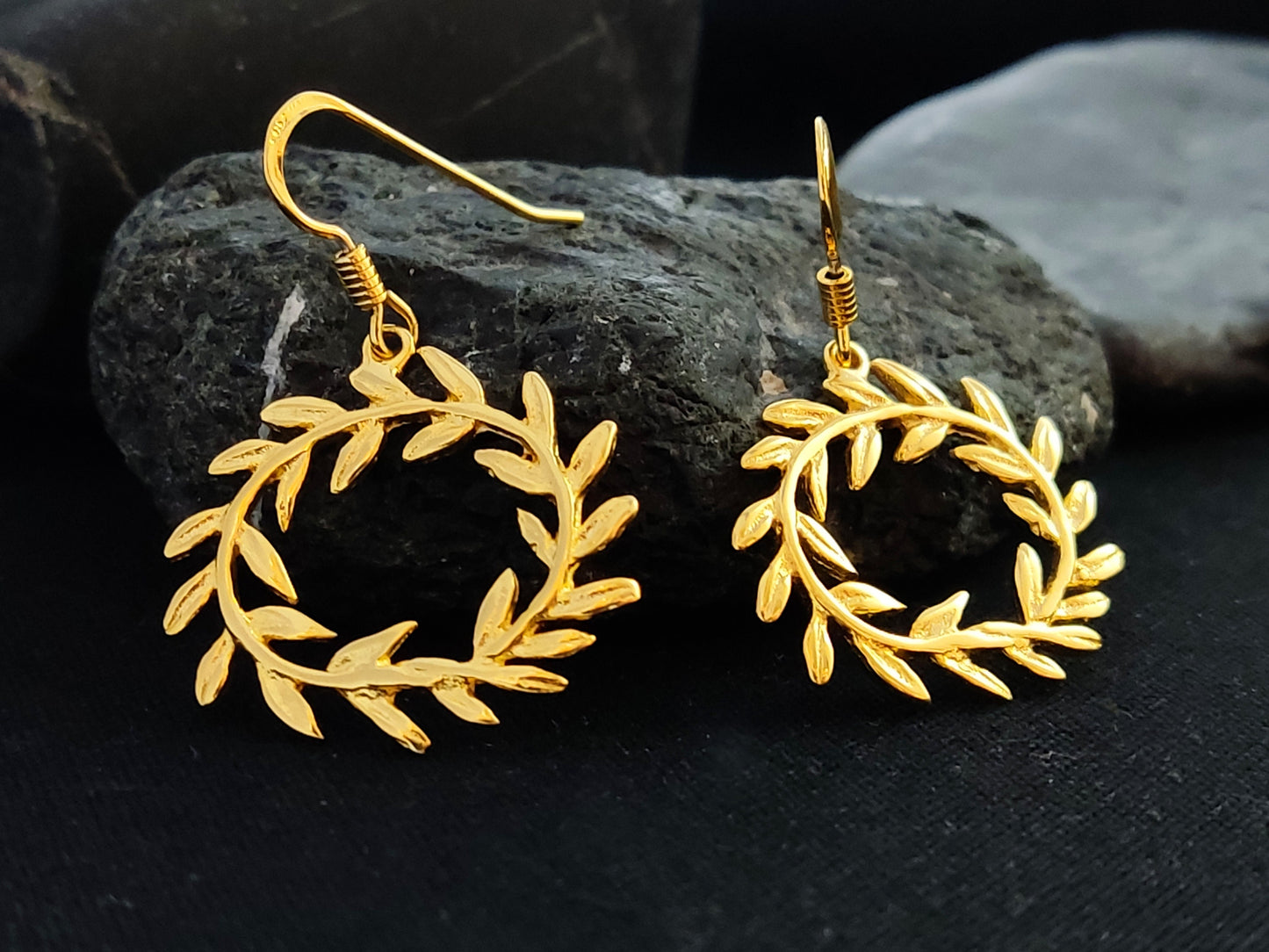 Sterling Silver 925 Greek Olive Leaf Leaves Oval Wreath Dangle Gold Plated Earrings, Greek Jewelry , Griechischer Silber Ohrringe Schmuck