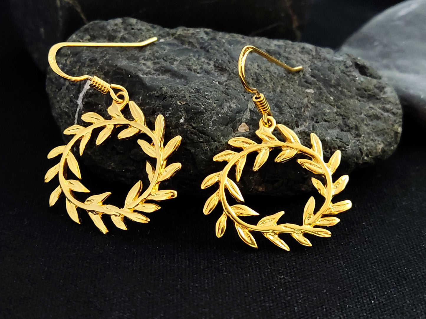 Sterling Silver 925 Greek Olive Leaf Leaves Oval Wreath Dangle Gold Plated Earrings, Greek Jewelry , Griechischer Silber Ohrringe Schmuck