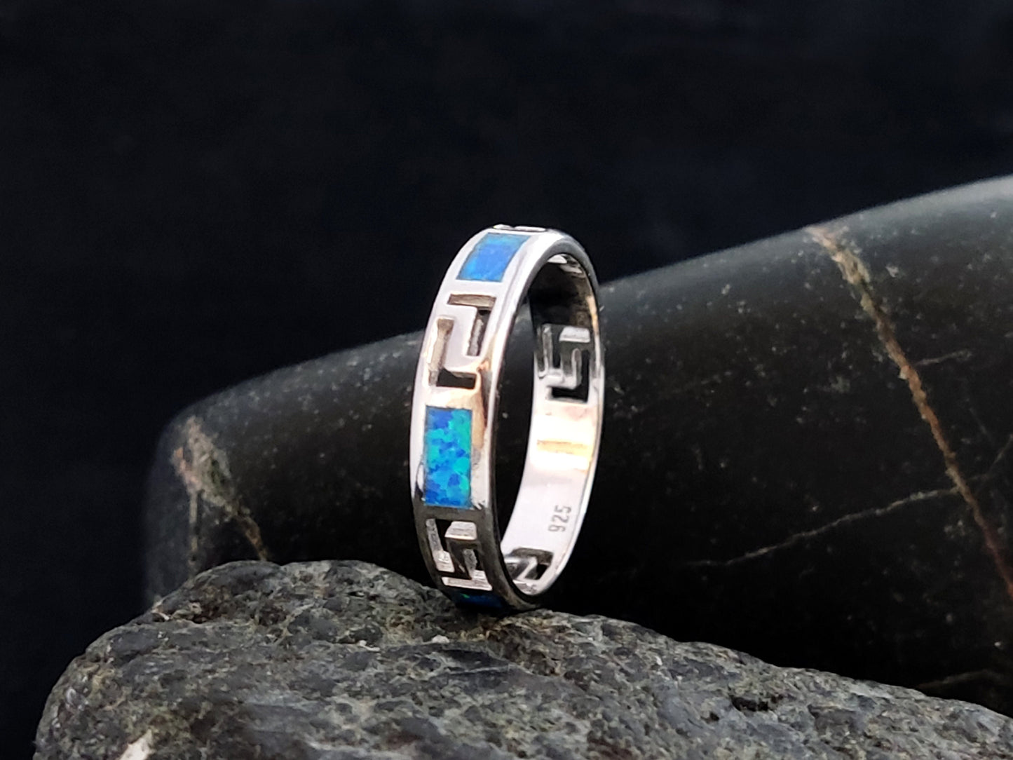 Sterling Silver 925 Meander Opal Ring, Greek Key Design Blue Opal Band Ring, Greek Opal Jewelry, Griechisches Opal Silber Ring,Bague Grecque