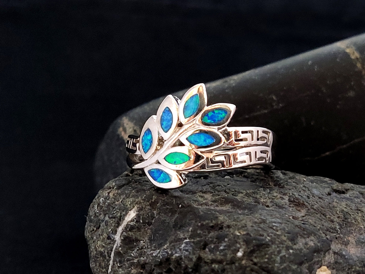 Silver 925 Greek Key Athena Olive Leaf Leaves Fire Ocean Blue Opal Ring US 7.25/FR 56, Silver Greek Opal Jewelry Ring, Bijoux Grecque Bague