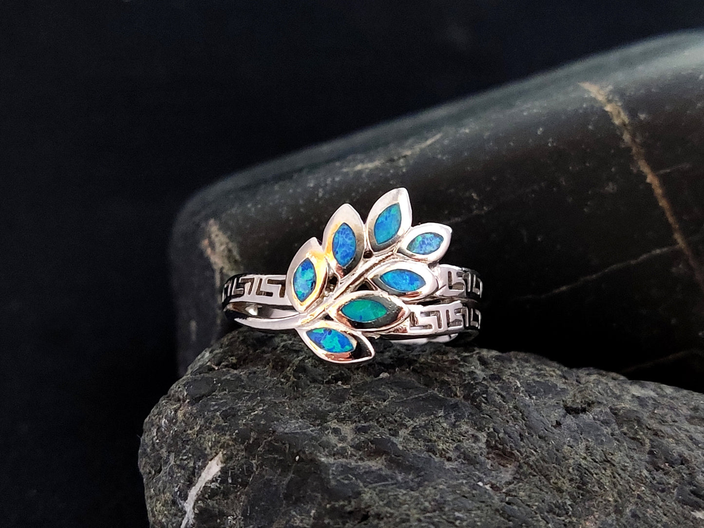 Silver 925 Greek Key Athena Olive Leaf Leaves Fire Ocean Blue Opal Ring US 7.25/FR 56, Silver Greek Opal Jewelry Ring, Bijoux Grecque Bague