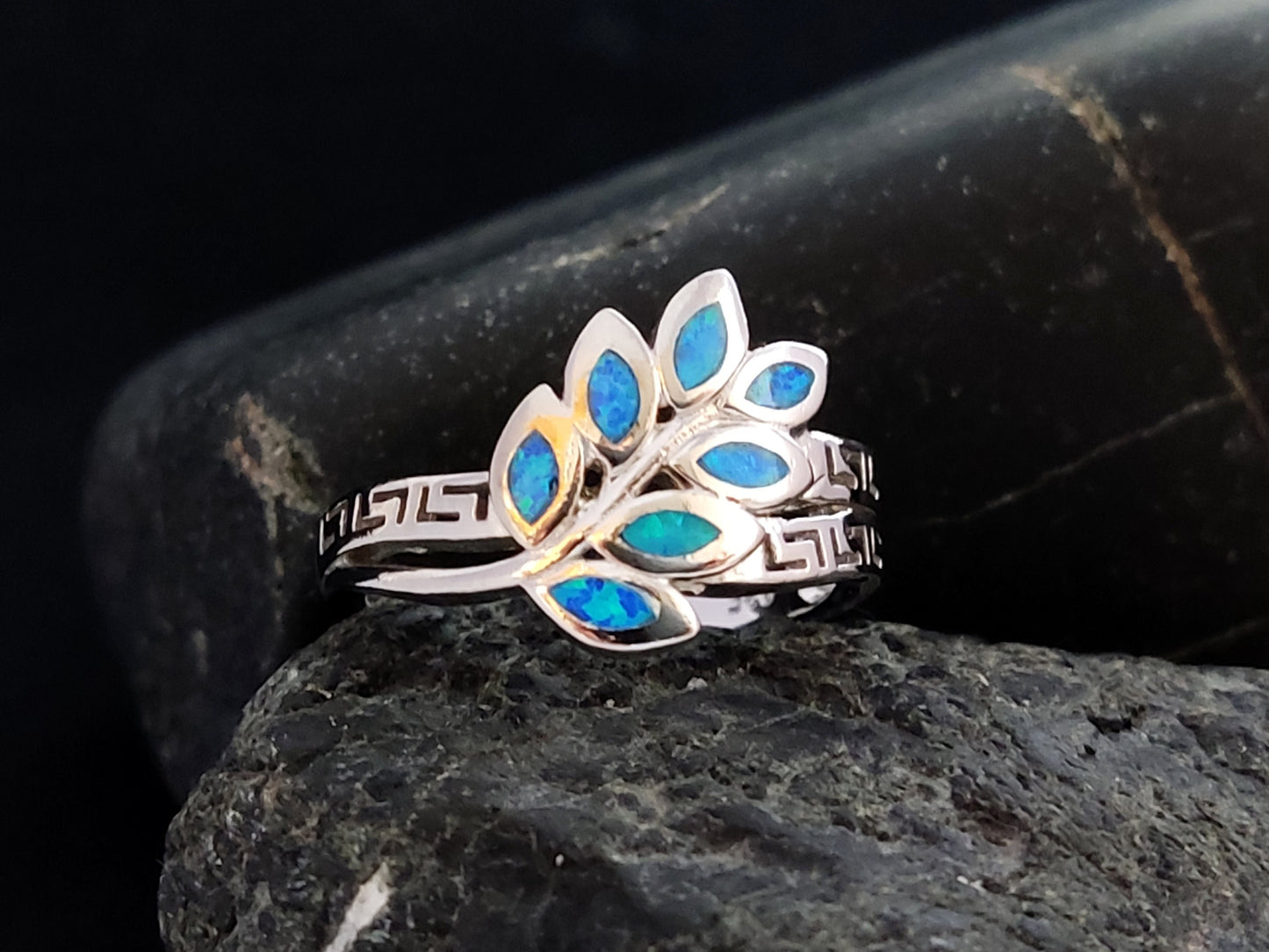 Silver 925 Greek Key Athena Olive Leaf Leaves Fire Ocean Blue Opal Ring US 7.25/FR 56, Silver Greek Opal Jewelry Ring, Bijoux Grecque Bague