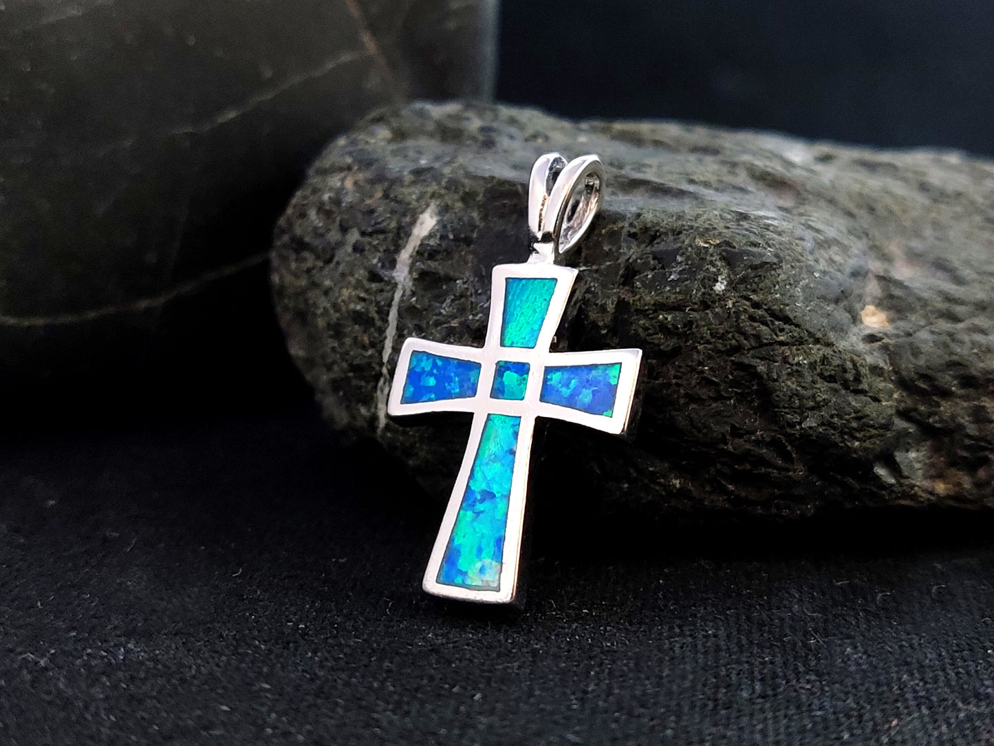 Sterling Silver 925 Greek Cross 25x14mm Opal Pendant, Cross Fire Opal Silver Pendant, Griechisches Blau Opal Kreuz ,Grece Grecque Croix