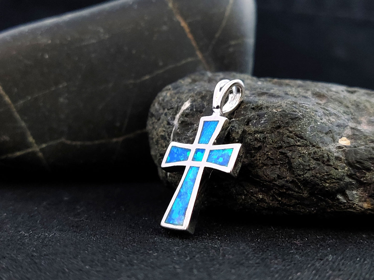 Sterling Silver 925 Greek Cross 25x14mm Opal Pendant, Cross Fire Opal Silver Pendant, Griechisches Blau Opal Kreuz ,Grece Grecque Croix