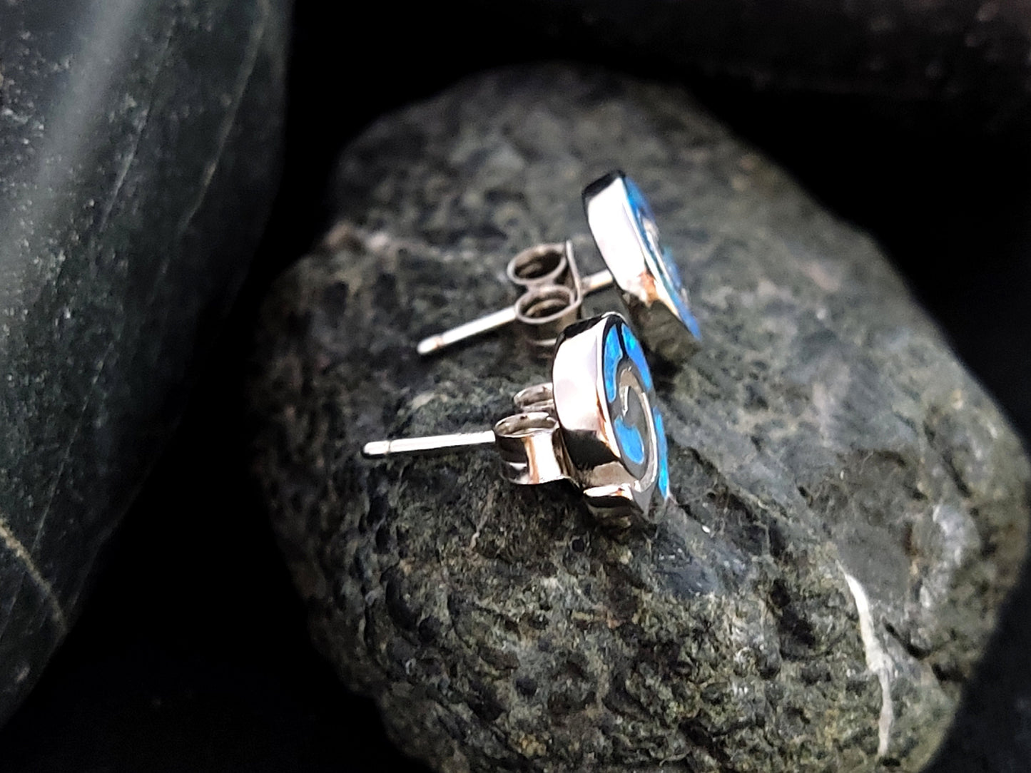 Sterling Silver 925 Greek Spiral Fire Blue Opal Stud Earrings 9mm, Greek Opal Spiral Earrings, Greek Jewelry, Griechischer Opal Ohrringe