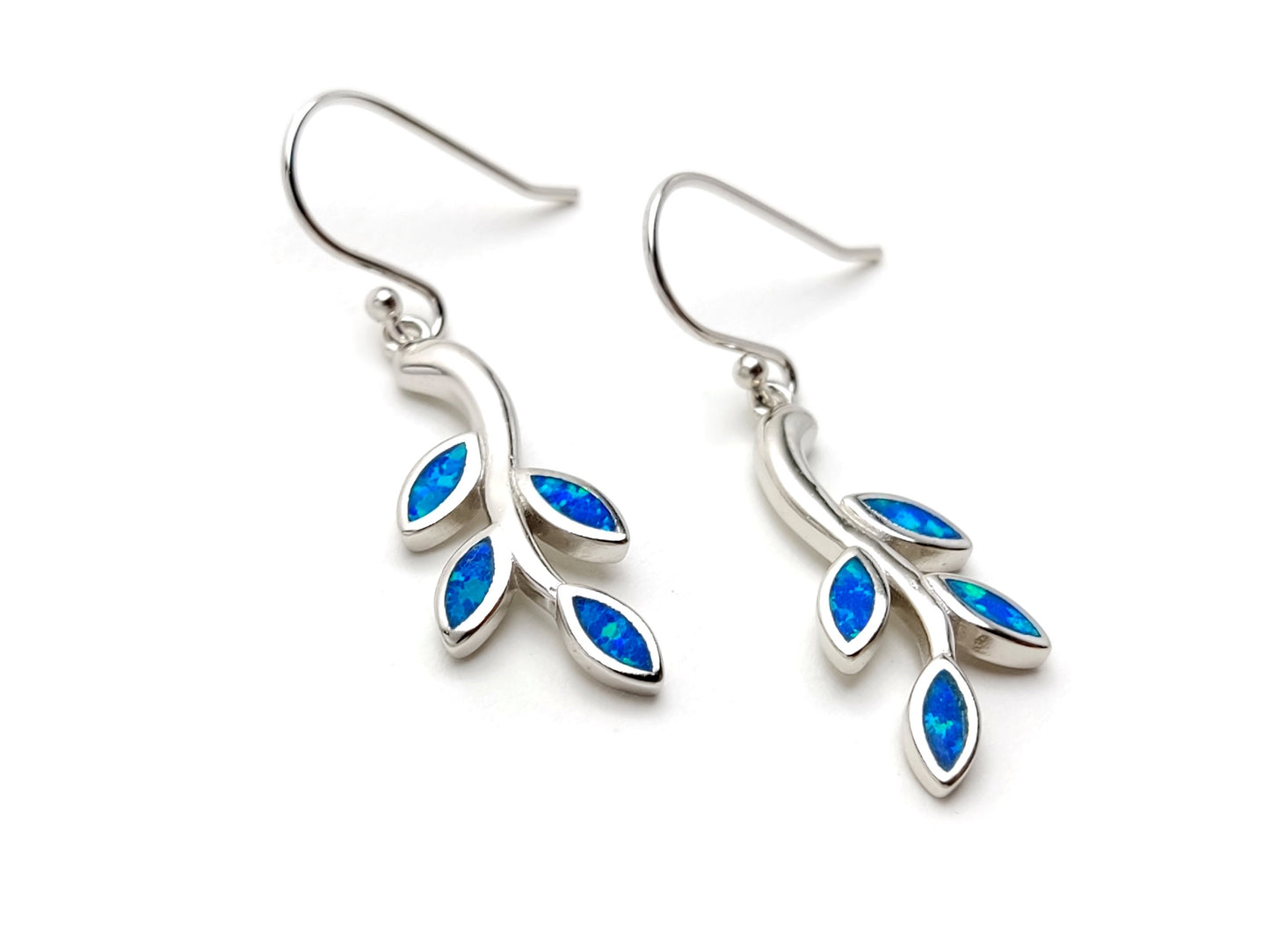 Greek Silver Leaf Leaves Fire Ocean Blue Opal Dangle Earrings, Jewelry From Greece, Griechischer Silber Ohrringe, Bijoux De Grece, 25x10mm