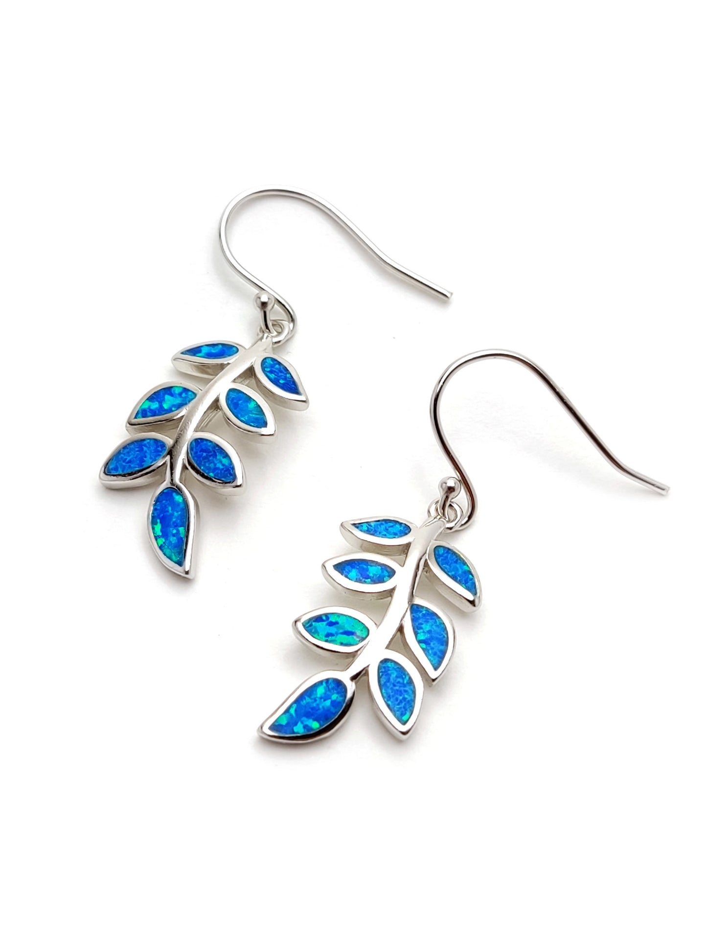 Greek Silver Leaf Leaves Fire Ocean Blue Opal Dangle Earrings, Jewelry From Greece, Griechischer Silber Ohrringe, Bijoux De Grece, 25x12mm