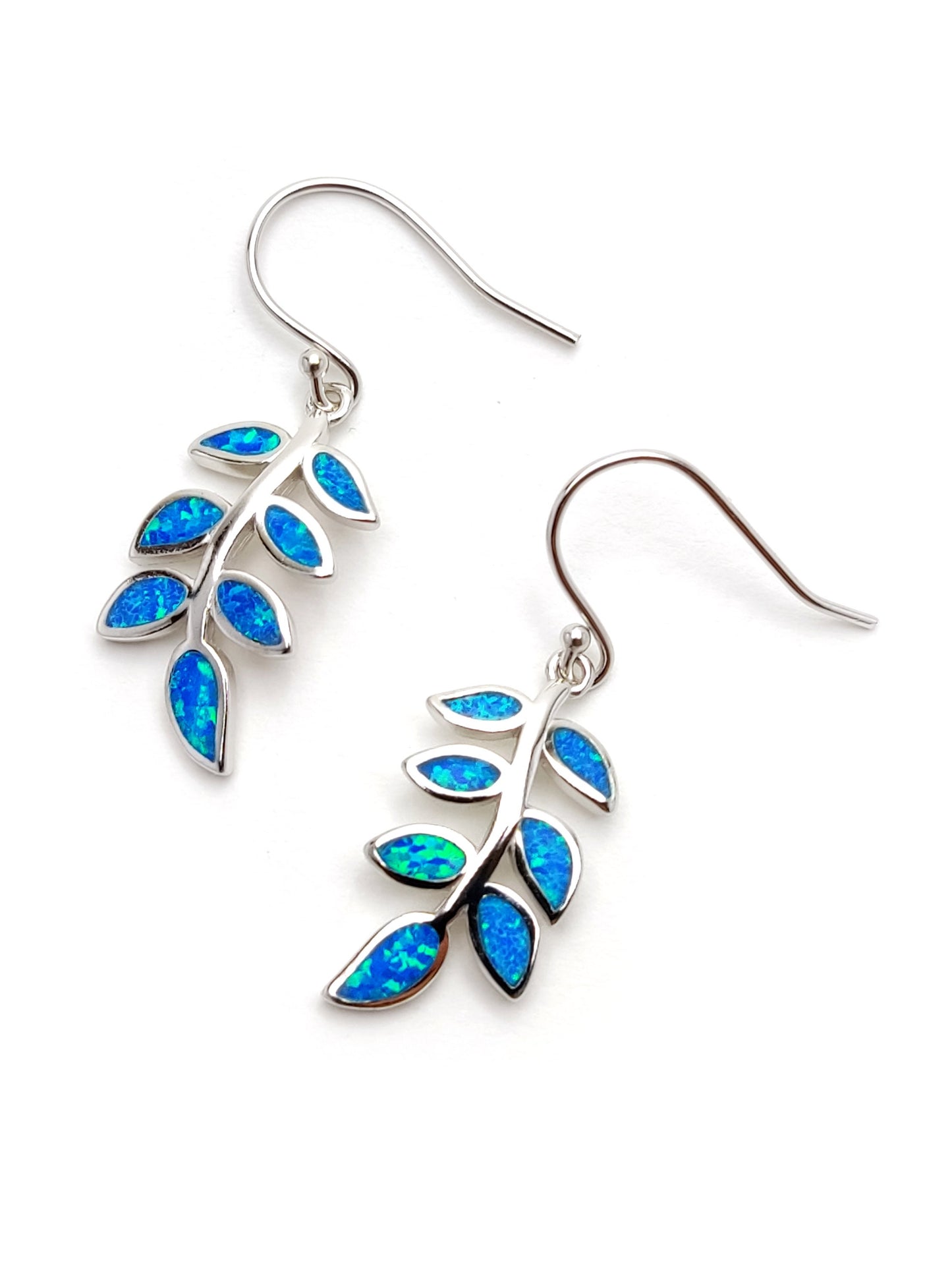 Greek Silver Leaf Leaves Fire Ocean Blue Opal Dangle Earrings, Jewelry From Greece, Griechischer Silber Ohrringe, Bijoux De Grece, 25x12mm