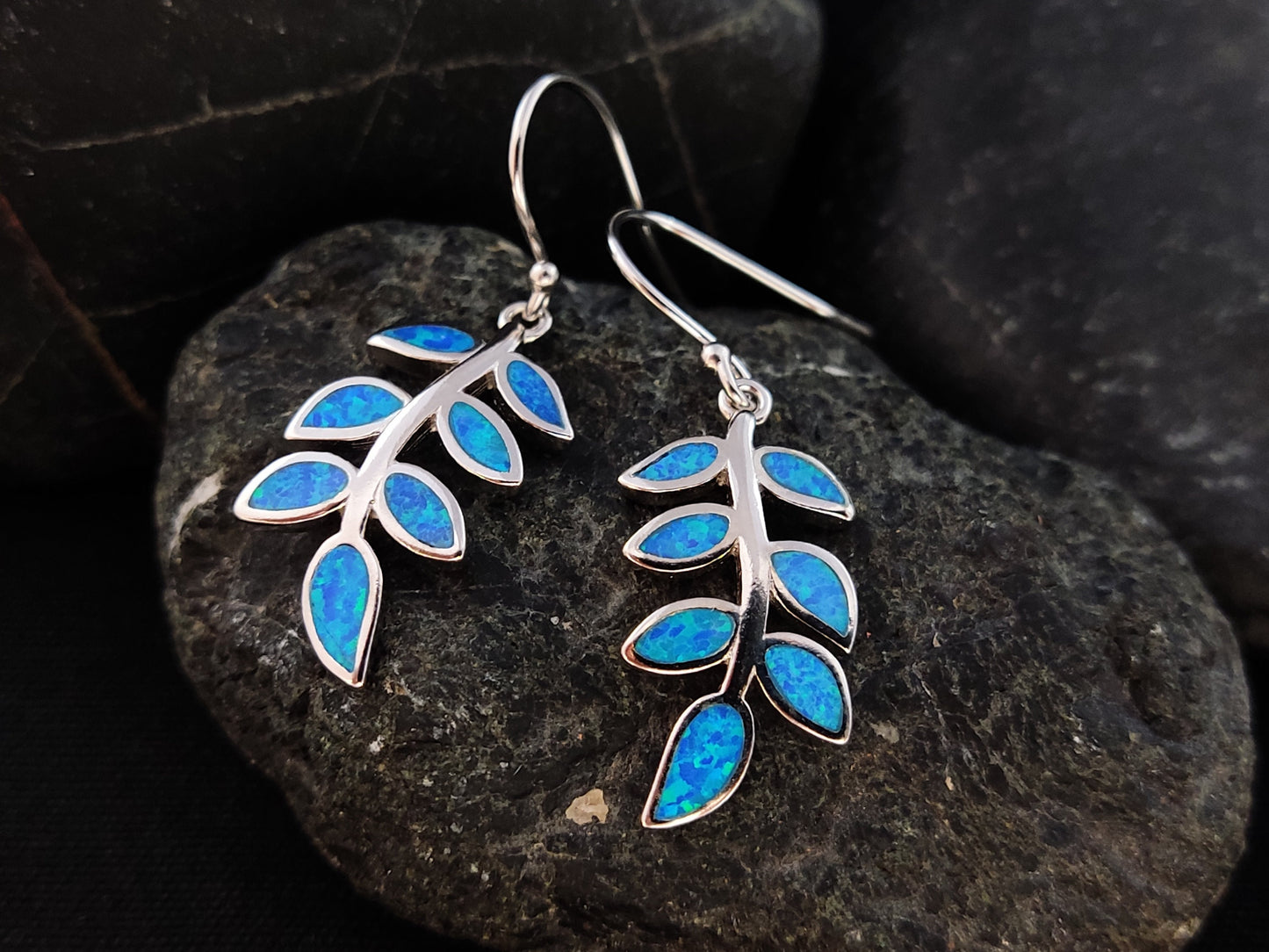 Sterling Silver 925 Greek Olive Leaf Leaves Blue Opal Dangle Earrings, Leaf Silver Earrings, Griechische Ohrringe, Bijoux Grecque, 25x12mm