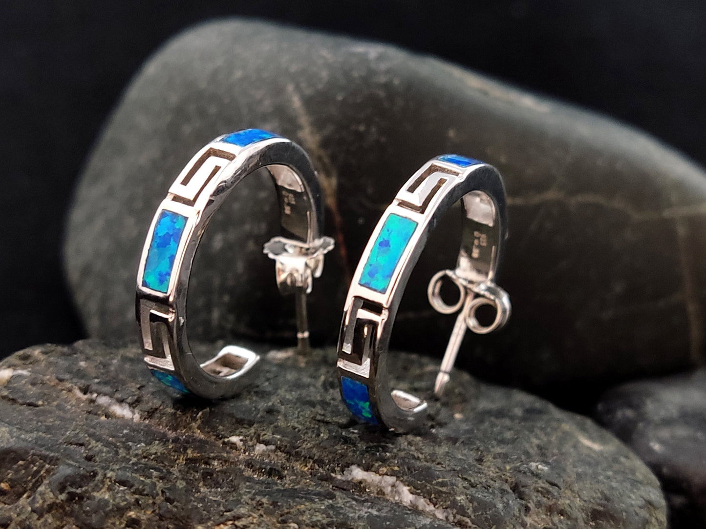 Sterling Silver 925 Opal Hoop Meander Greek Key Earrings 21mm, Greek Key Hoops, Griechischer Ohrringe Opal, Bijoux Grecque, Greek Jewelry