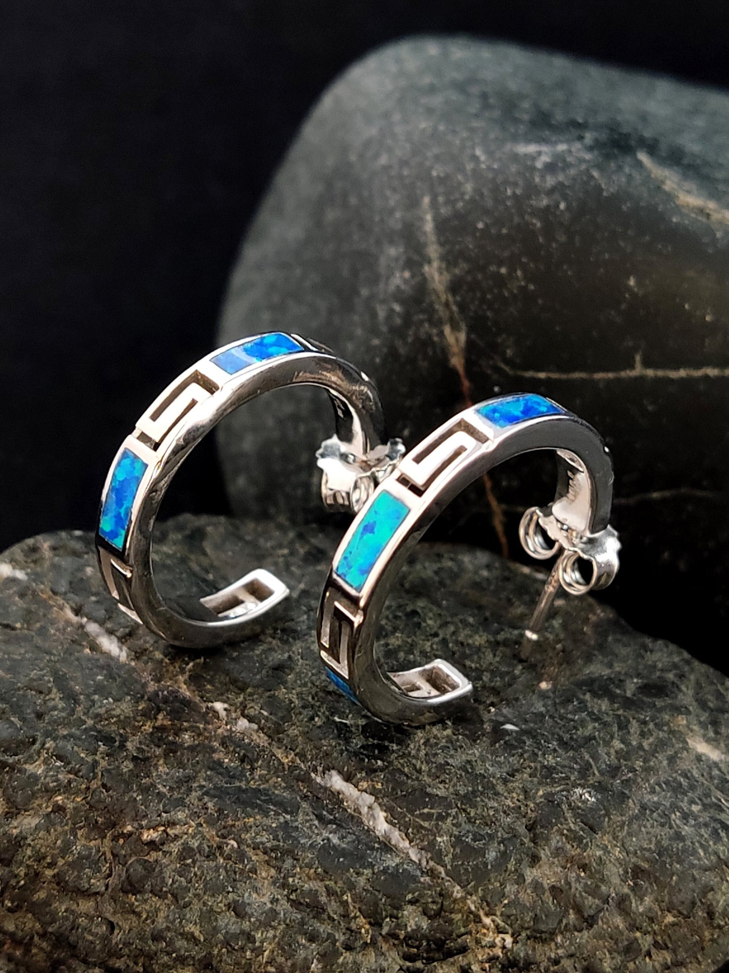 Sterling Silver 925 Opal Hoop Meander Greek Key Earrings 21mm, Greek Key Hoops, Griechischer Ohrringe Opal, Bijoux Grecque, Greek Jewelry
