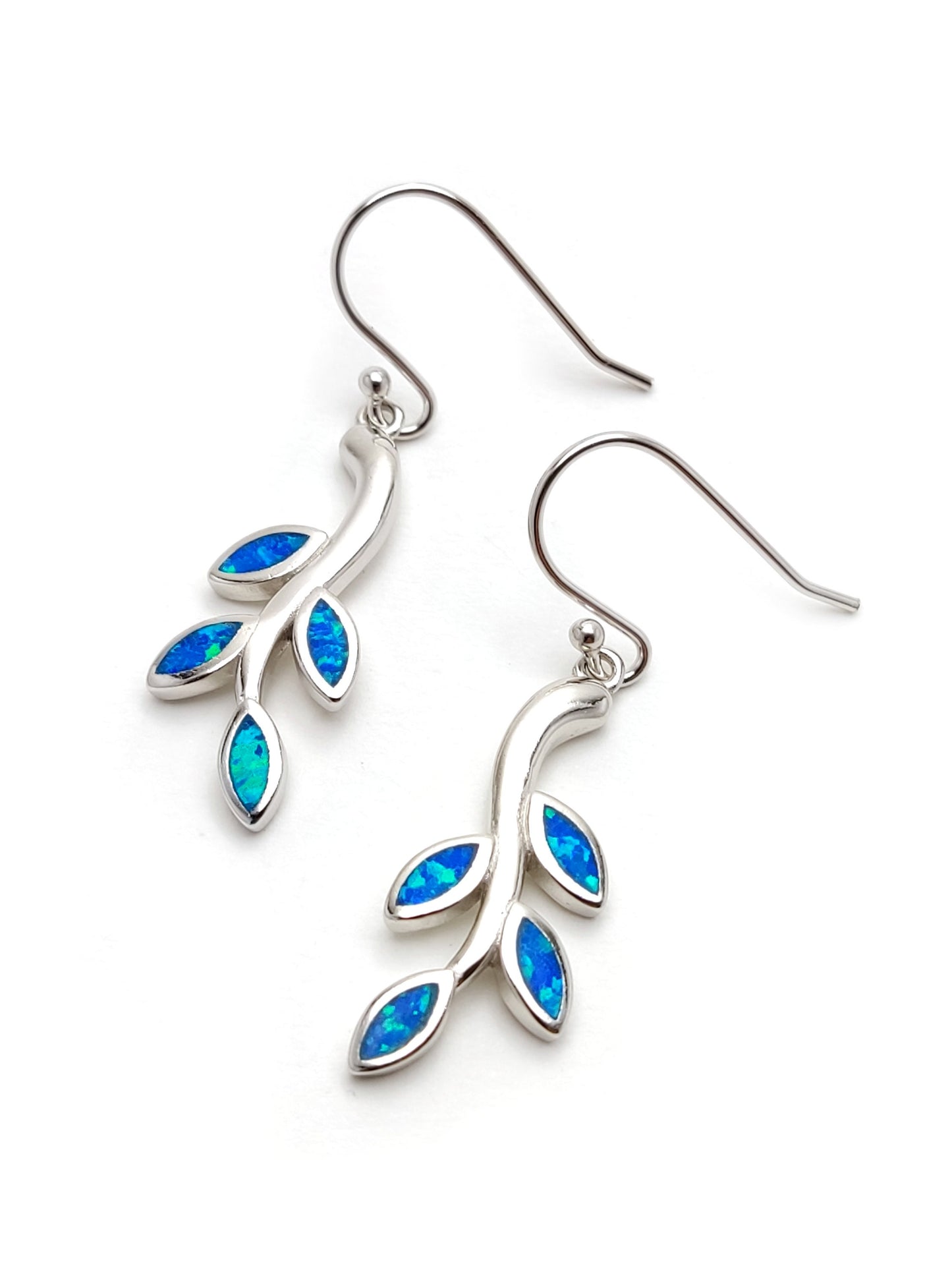 Greek Silver Leaf Leaves Fire Ocean Blue Opal Dangle Earrings, Jewelry From Greece, Griechischer Silber Ohrringe, Bijoux De Grece, 25x10mm