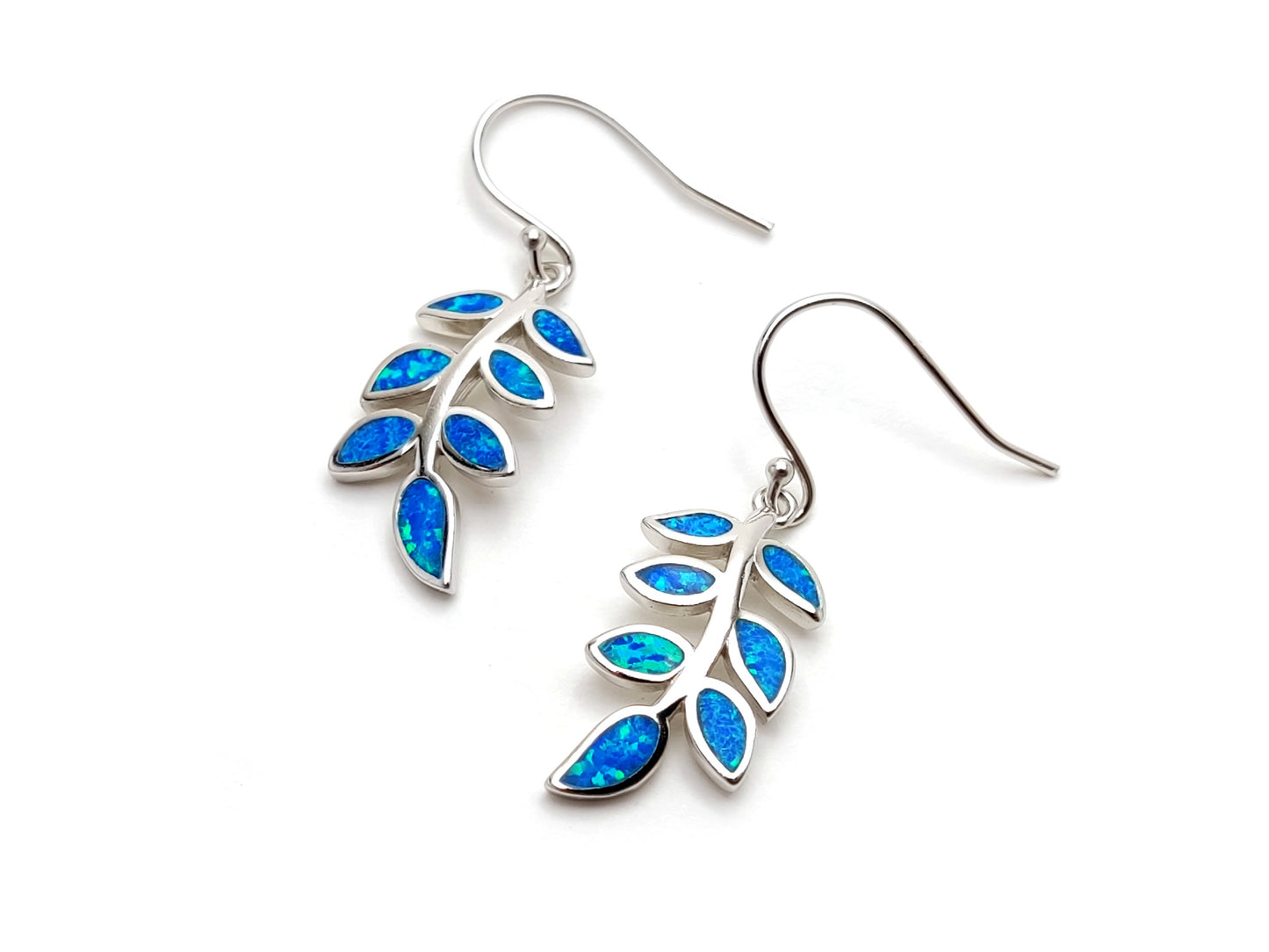 Greek Silver Leaf Leaves Fire Ocean Blue Opal Dangle Earrings, Jewelry From Greece, Griechischer Silber Ohrringe, Bijoux De Grece, 25x12mm