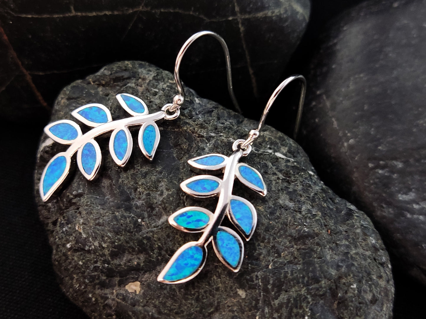Sterling Silver 925 Greek Olive Leaf Leaves Blue Opal Dangle Earrings, Leaf Silver Earrings, Griechische Ohrringe, Bijoux Grecque, 25x12mm