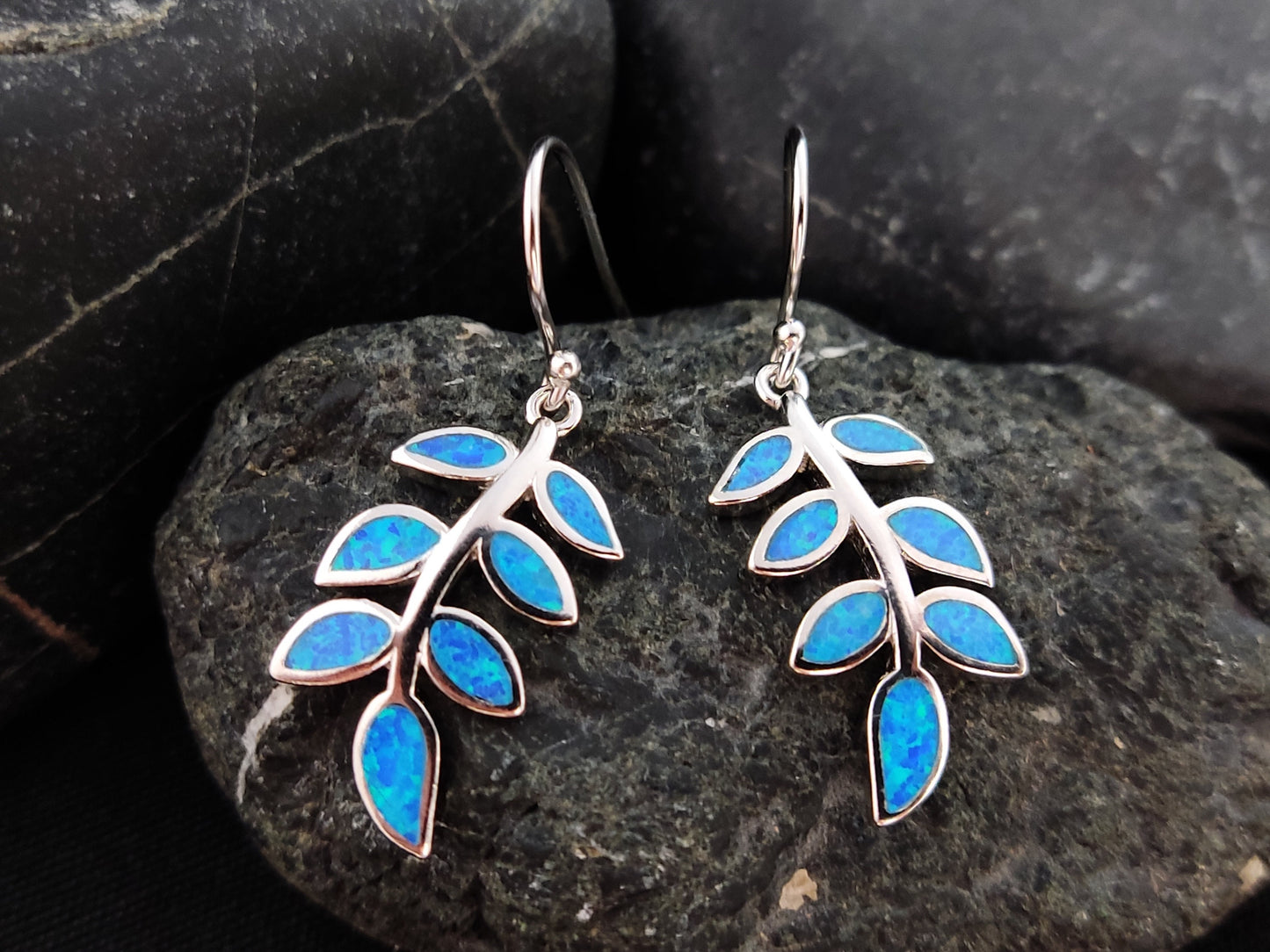 Sterling Silver 925 Greek Olive Leaf Leaves Blue Opal Dangle Earrings, Leaf Silver Earrings, Griechische Ohrringe, Bijoux Grecque, 25x12mm