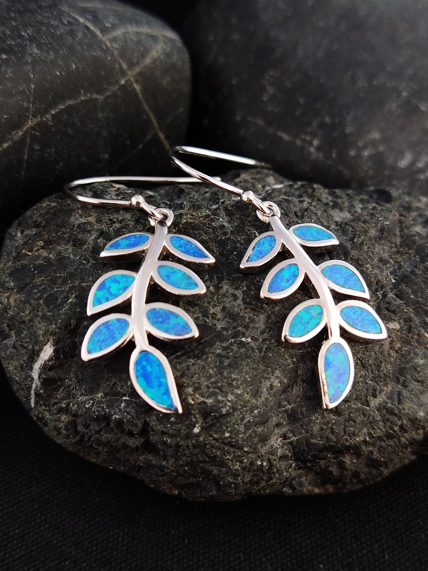 Sterling Silver 925 Greek Olive Leaf Leaves Blue Opal Dangle Earrings, Leaf Silver Earrings, Griechische Ohrringe, Bijoux Grecque, 25x12mm
