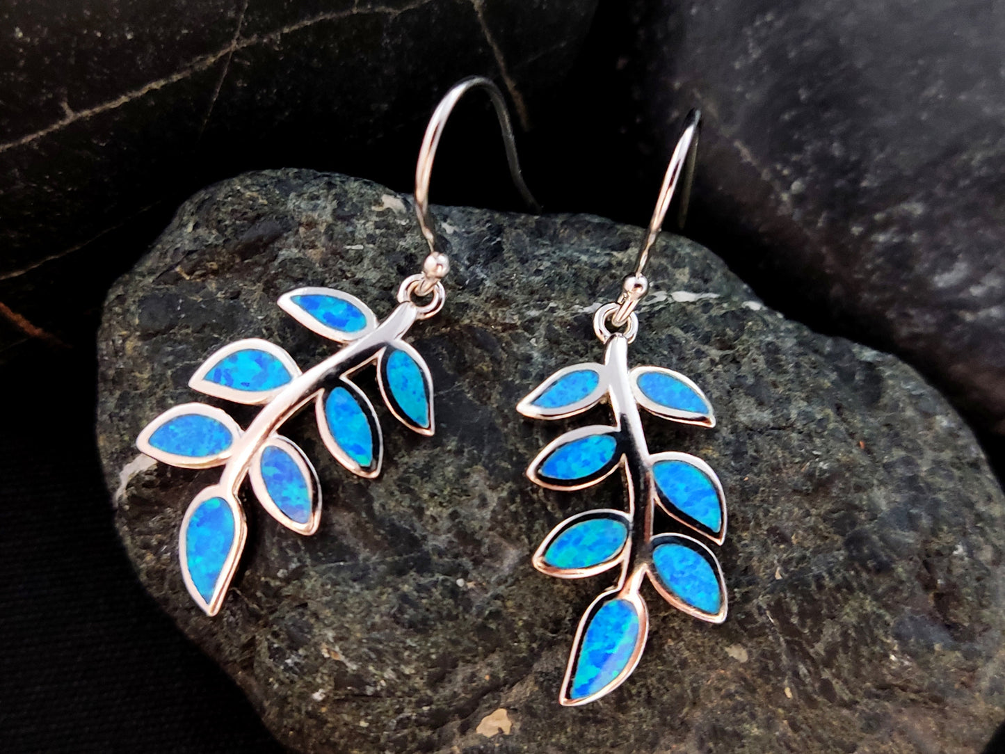 Sterling Silver 925 Greek Olive Leaf Leaves Blue Opal Dangle Earrings, Leaf Silver Earrings, Griechische Ohrringe, Bijoux Grecque, 25x12mm