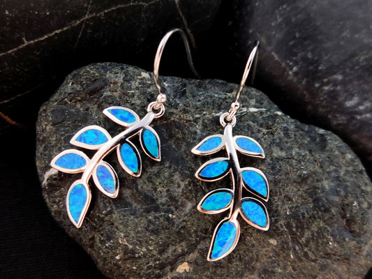 Sterling Silver 925 Greek Olive Leaf Leaves Blue Opal Dangle Earrings, Leaf Silver Earrings, Griechische Ohrringe, Bijoux Grecque, 25x12mm