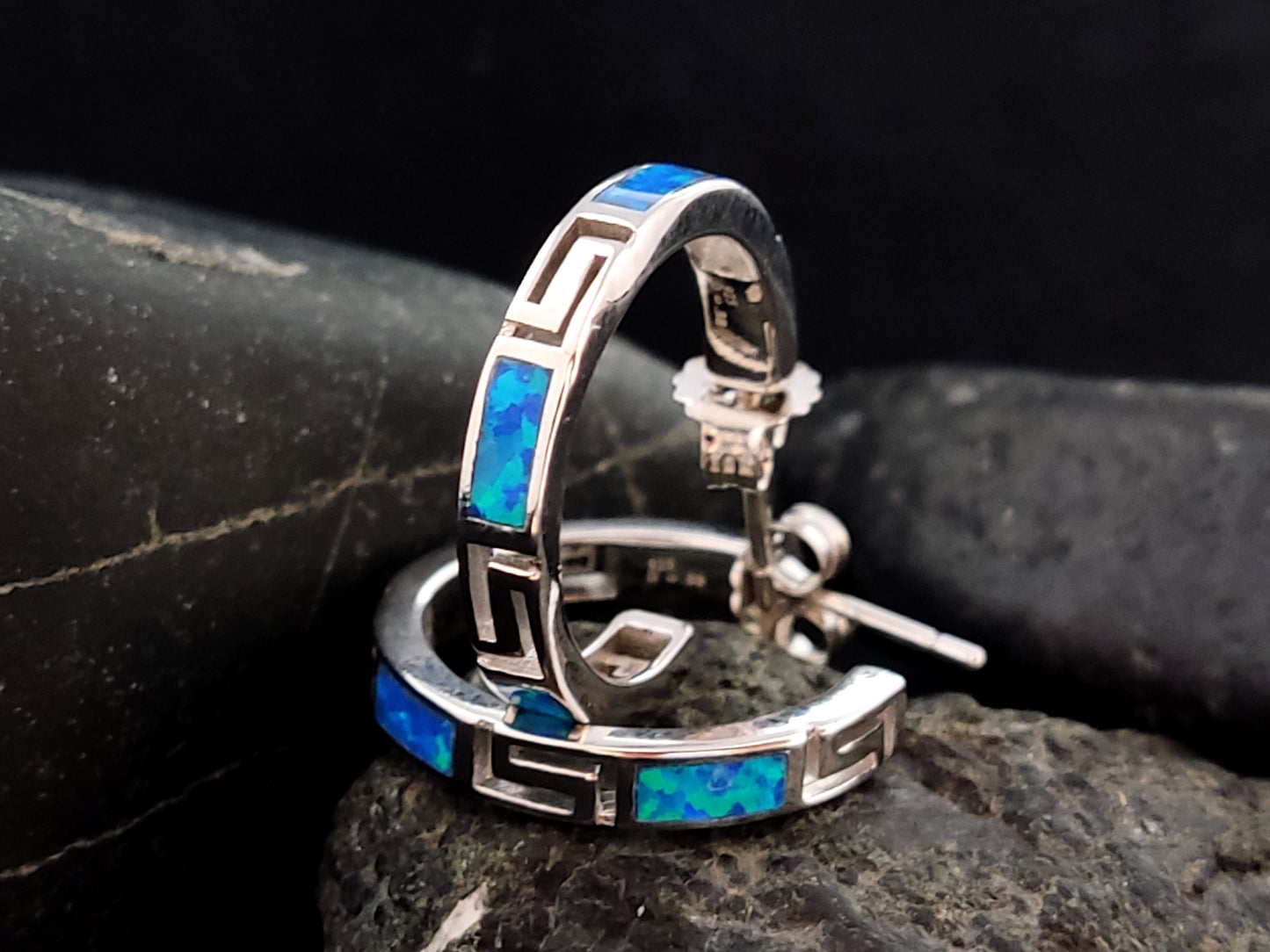 Sterling Silver 925 Opal Hoop Meander Greek Key Earrings 21mm, Greek Key Hoops, Griechischer Ohrringe Opal, Bijoux Grecque, Greek Jewelry