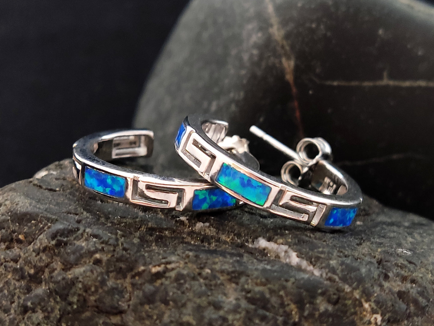 Sterling Silver 925 Opal Hoop Meander Greek Key Earrings 21mm, Greek Key Hoops, Griechischer Ohrringe Opal, Bijoux Grecque, Greek Jewelry