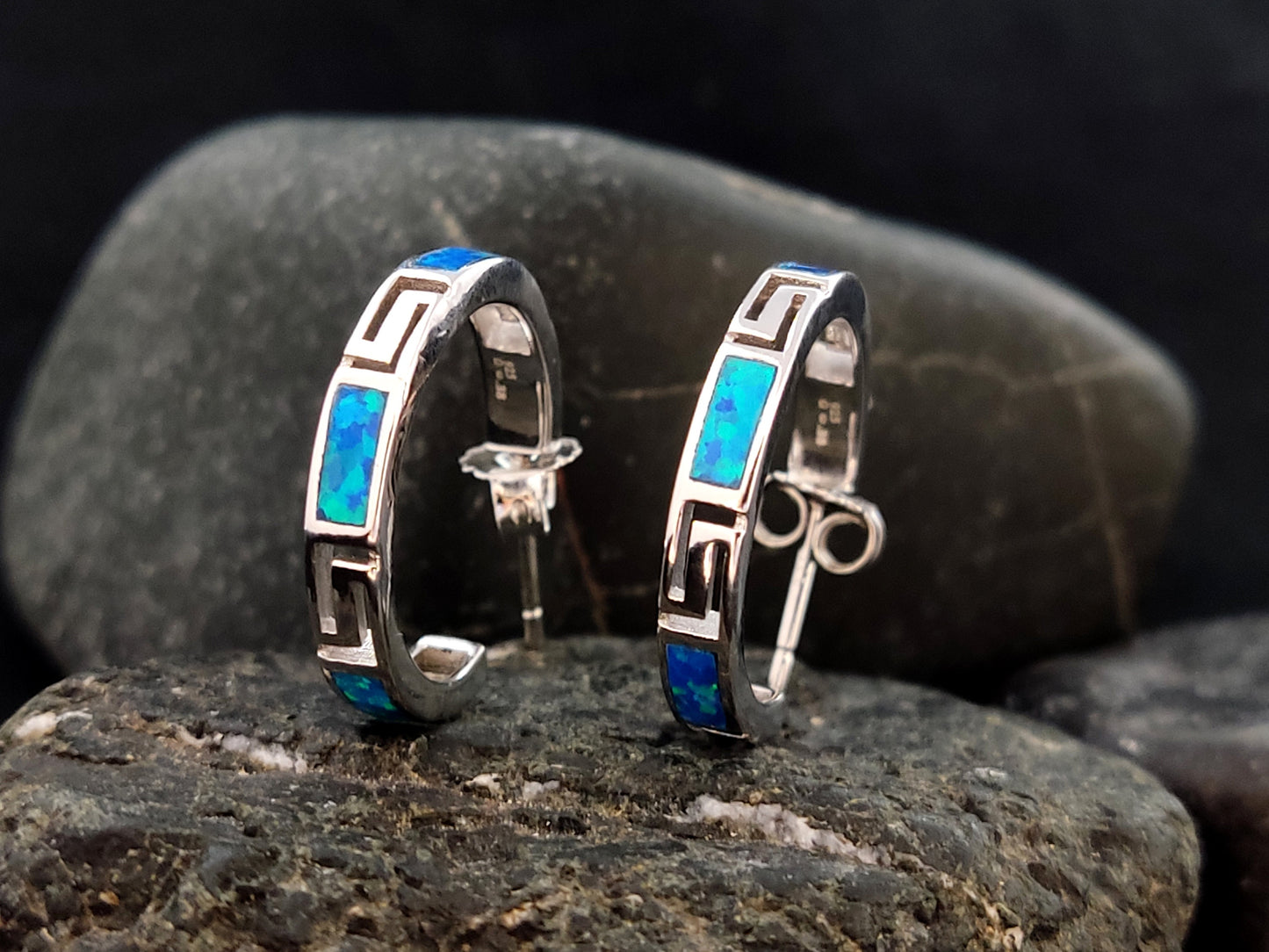 Sterling Silver 925 Opal Hoop Meander Greek Key Earrings 21mm, Greek Key Hoops, Griechischer Ohrringe Opal, Bijoux Grecque, Greek Jewelry