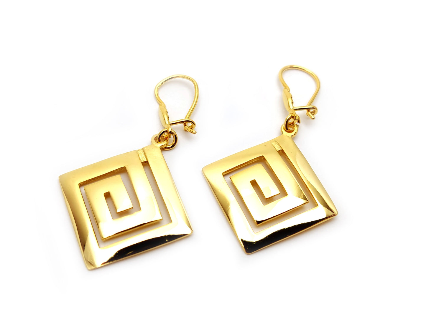 Sterling Silver 925 Modern Greek Eternity Key Dangle Gold Plated Earrings 20x20 mm, boucles d'oreilles Grecque, Griechische Silber Ohrringe