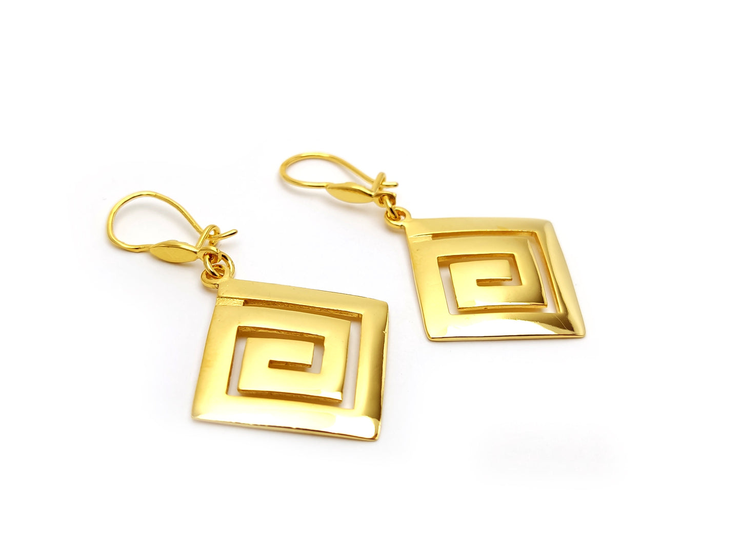 Sterling Silver 925 Modern Greek Eternity Key Dangle Gold Plated Earrings 20x20 mm, boucles d'oreilles Grecque, Griechische Silber Ohrringe