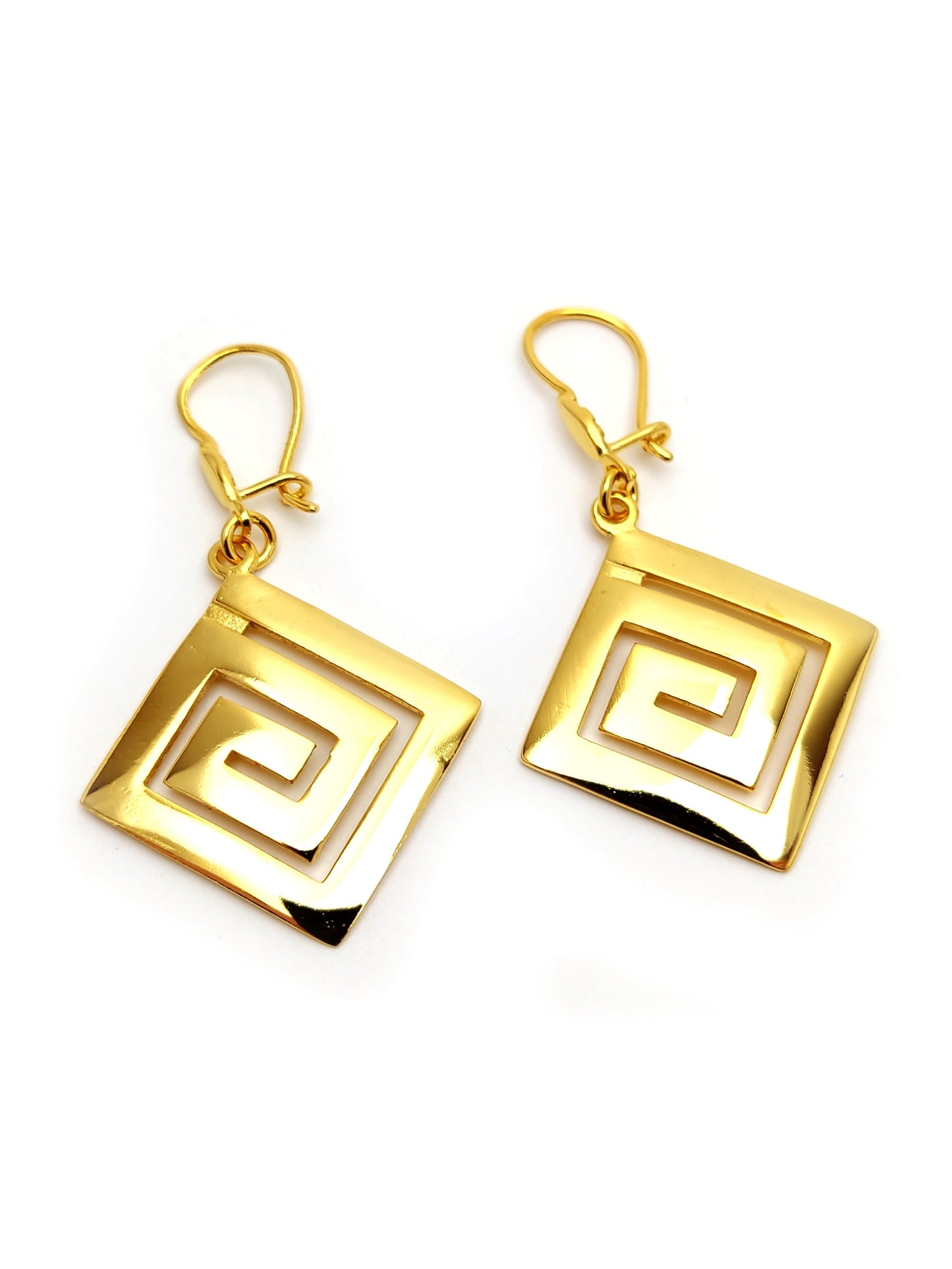 Sterling Silver 925 Modern Greek Eternity Key Dangle Gold Plated Earrings 20x20 mm, boucles d'oreilles Grecque, Griechische Silber Ohrringe