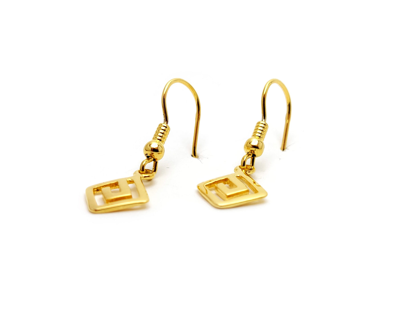 Sterling Silver 925 Greek Eternity Key Dangle Gold Plated Small Earrings 8x8mm, boucles d'oreilles Grecque, Griechische Silber Ohrringe